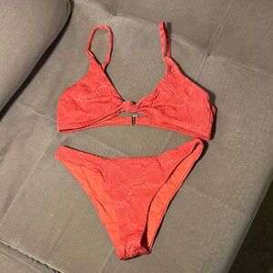 Textured Coral Bikini Set with Knot Front